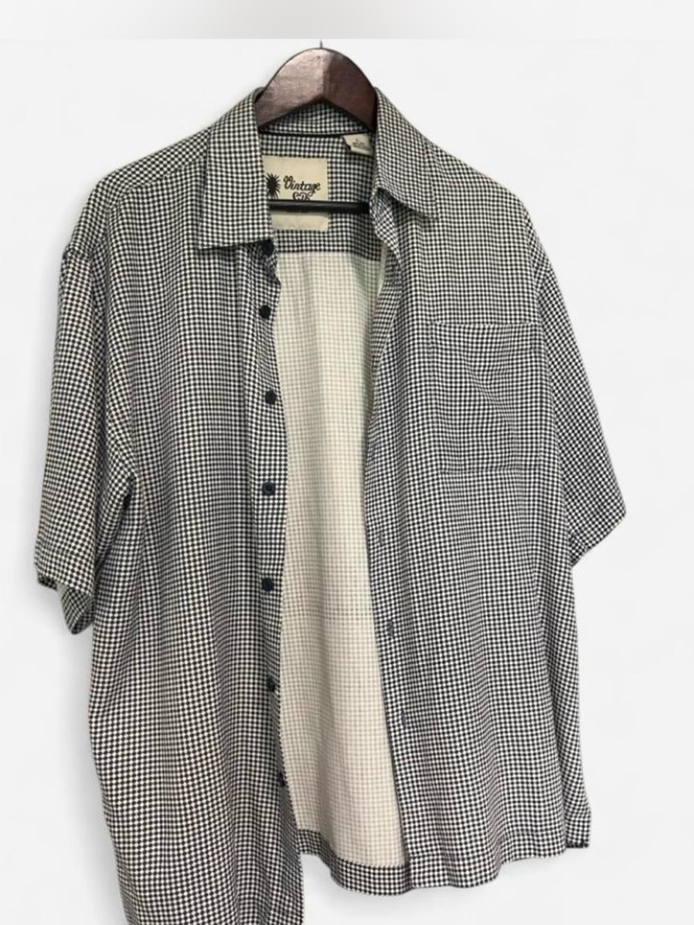 Vintage Silk Black & White Geometric Print Short Sleeve Button-Down Shirt